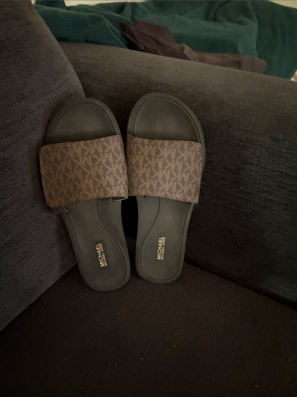 Michael Kors Black Sandal Slides with Brown MK Print Strap
